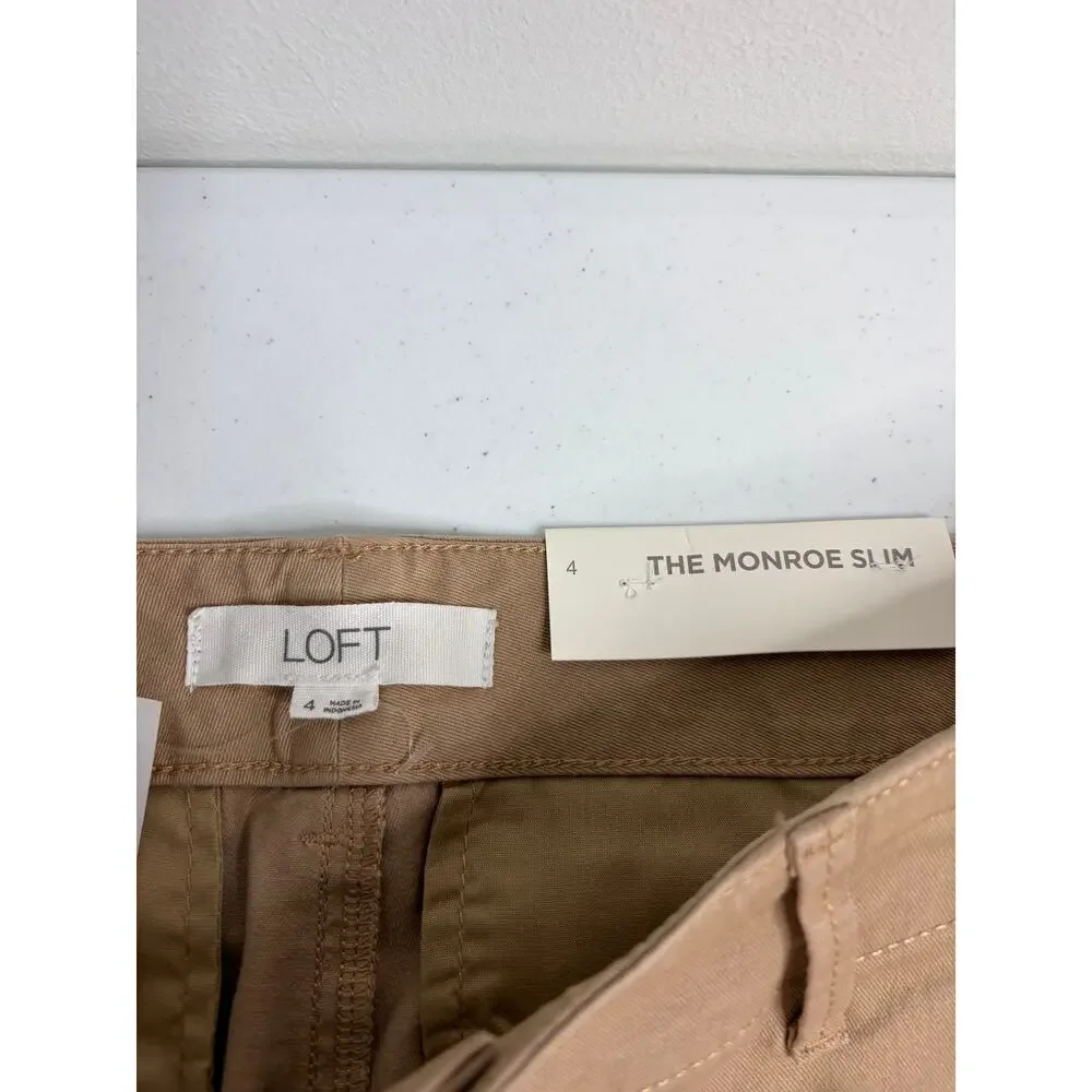 LOFT The Monroe Slim Pants Sz 4 Khaki Tan Mid Rise Stretch Ankle Preppy Classic